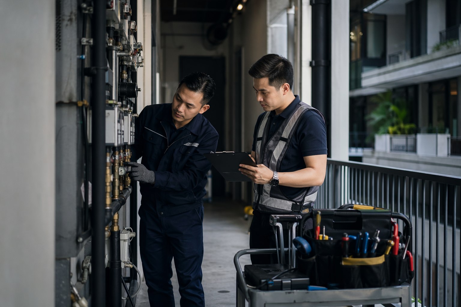 Maintenance personnel reviewing site equipment and a task checklist
